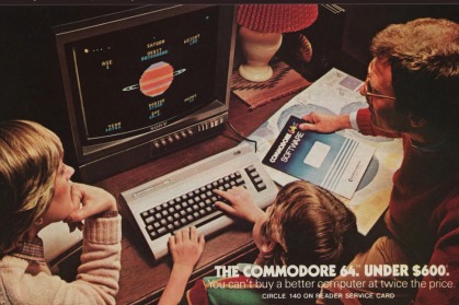 In this advertisement from the 1980's a family sits together playing an educational game on a Commodore 64 computer.